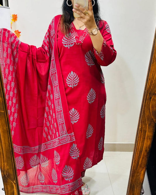 Pure Cotton Printed Kurta Pant Dupatta Set (Red)