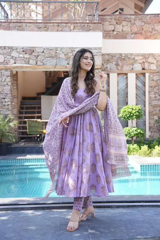 Women Ethnic Motifs Printed Angrakha Pure Cotton Kurta with Pyjamas & With Dupatta