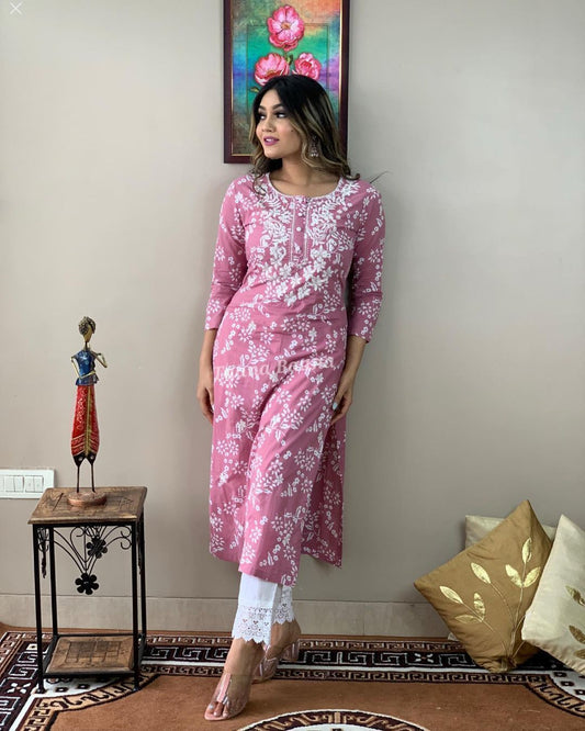 Pink Chikankari Embroidered Kurti with Pant
