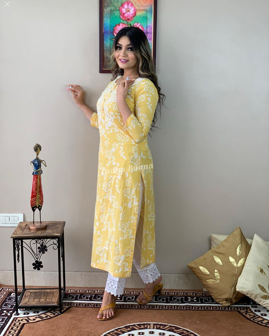 Yellow Chikankari Embroidered Kurti with Pant