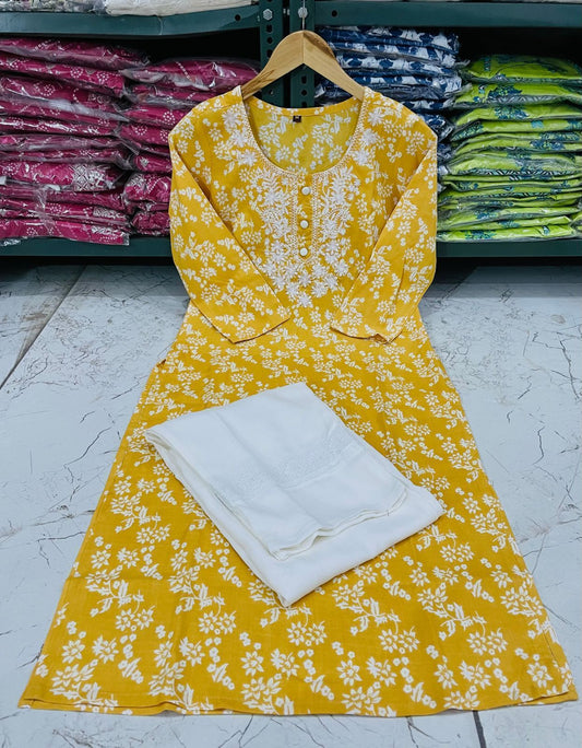 Yellow Chikankari Embroidered Kurti with Pant