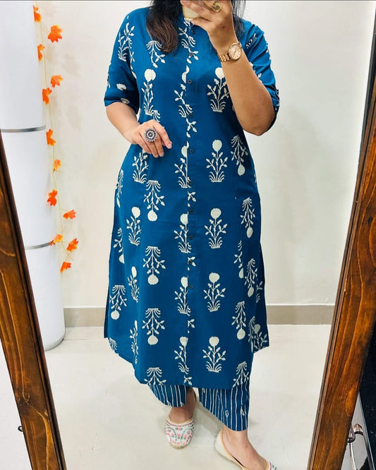 Sky Blue Cotton Printed A-line Kurti With Ankle Length Pant