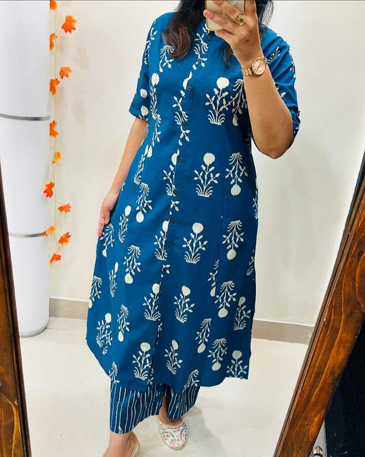 Sky Blue Cotton Printed A-line Kurti With Ankle Length Pant