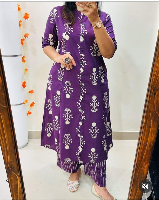 Purple Cotton Printed A-line Kurti With Ankle Length Pant