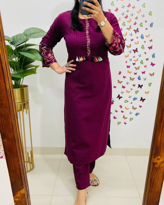 Pure Cotton Embroidery Work Kurta With Pant (Maroon)