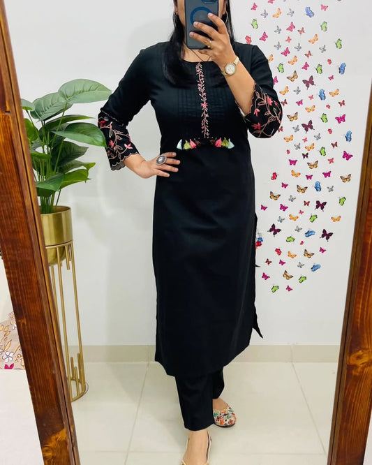 Pure Cotton Embroidery Work Kurta With Pant (Black)