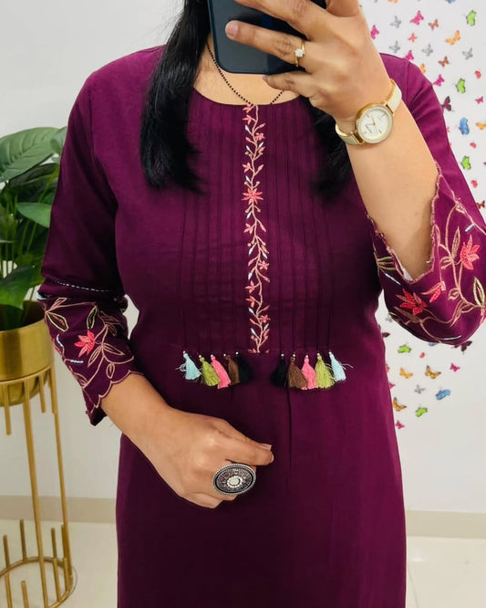 Pure Cotton Embroidery Work Kurta With Pant (Maroon)
