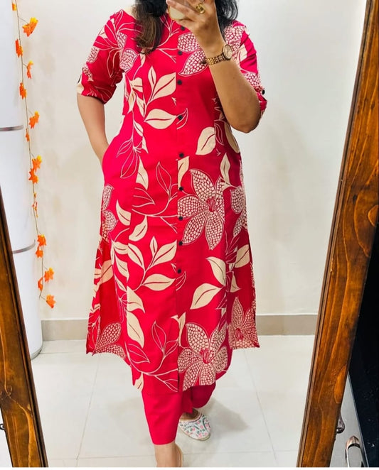 Red Floral Long Kurti with Pant
