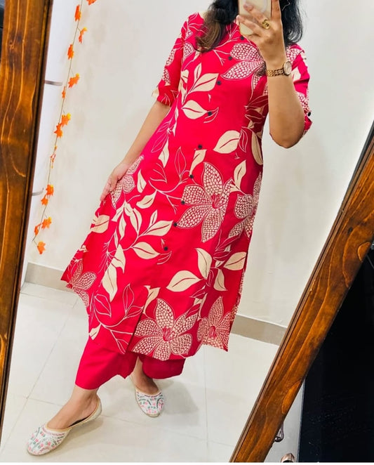 Red Floral Long Kurti with Pant