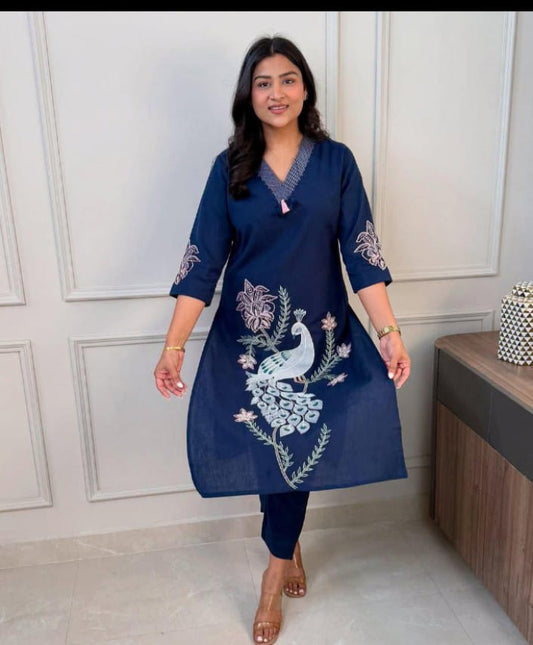 Pure Fine Cotton Kurti and Pant with Embroidery Work
