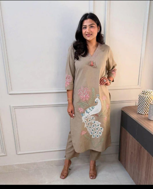 Pure Fine Cotton Kurti and Pant with Embroidery Work