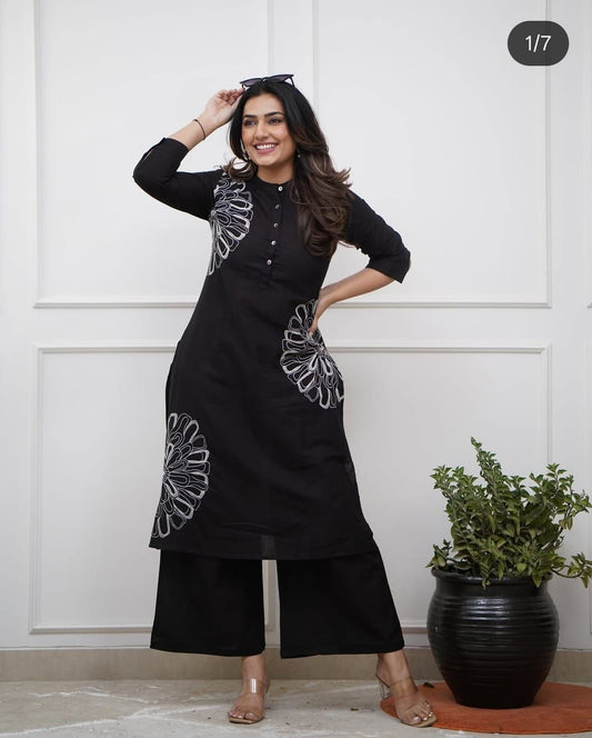 Black Embroidered Cotton Kurti Pant Set with 3/4 Sleeves