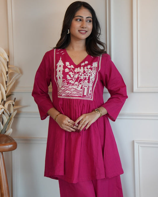 Pink Linen Kurta With Embroidery Work & Stylish Culotte Palazzos