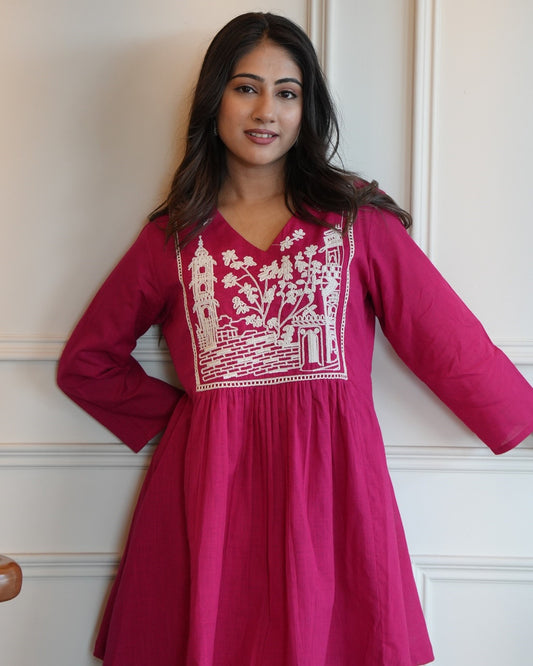 Pink Linen Kurta With Embroidery Work & Stylish Culotte Palazzos