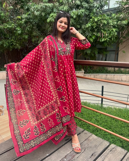 Cotton A Line Kurta Pant and Dupatta Set