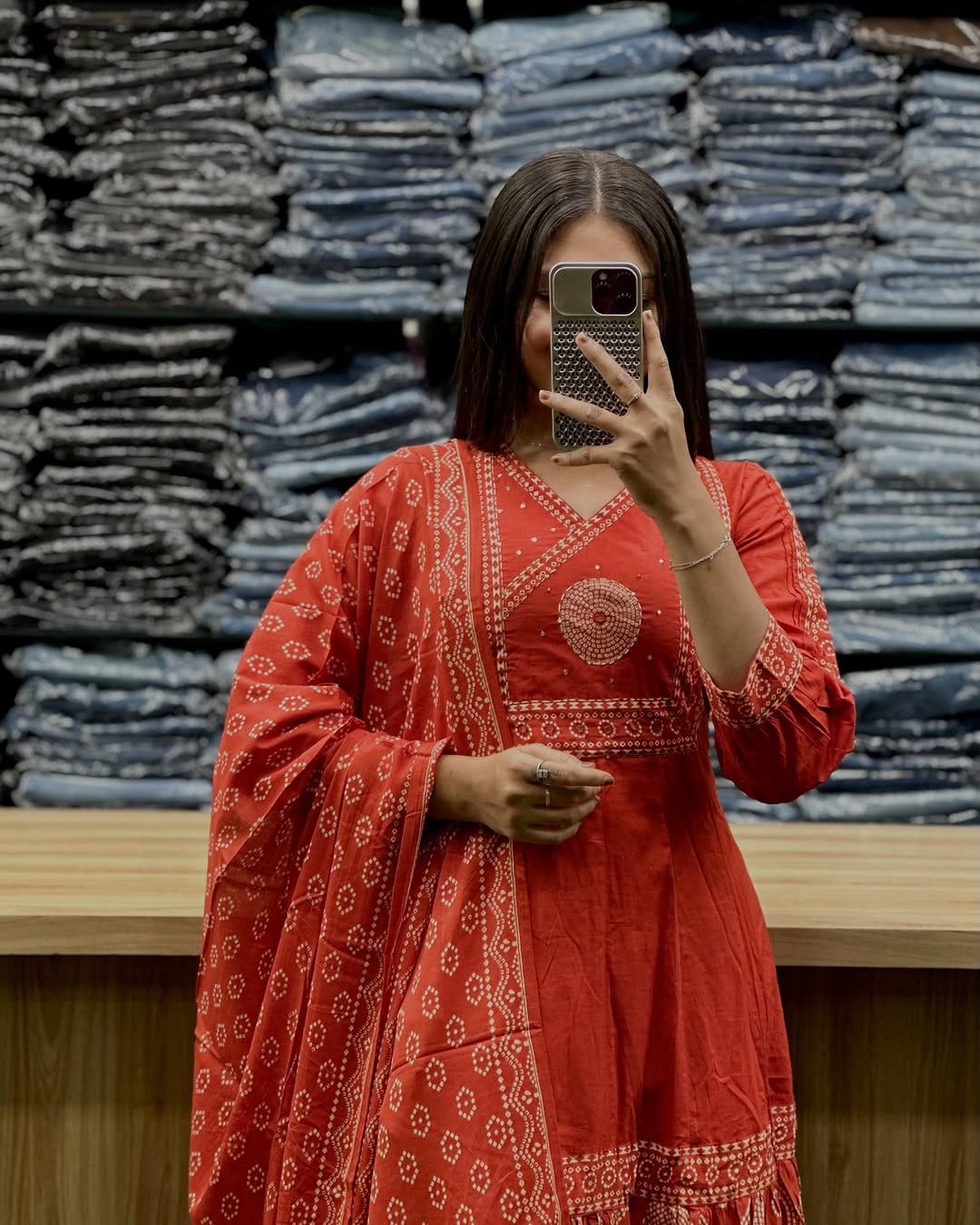 Orange V Neck Heavy Anarkali Kurti, Pant with Dupatta