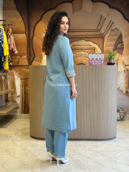 Sky Blue Beautiful Cotton Slub with Both Sides Pocket