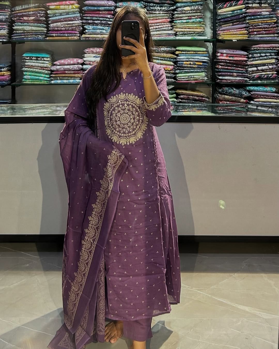 Purple Embroidered Anarkali Kurta Set with Bell Sleeves and Dupatta