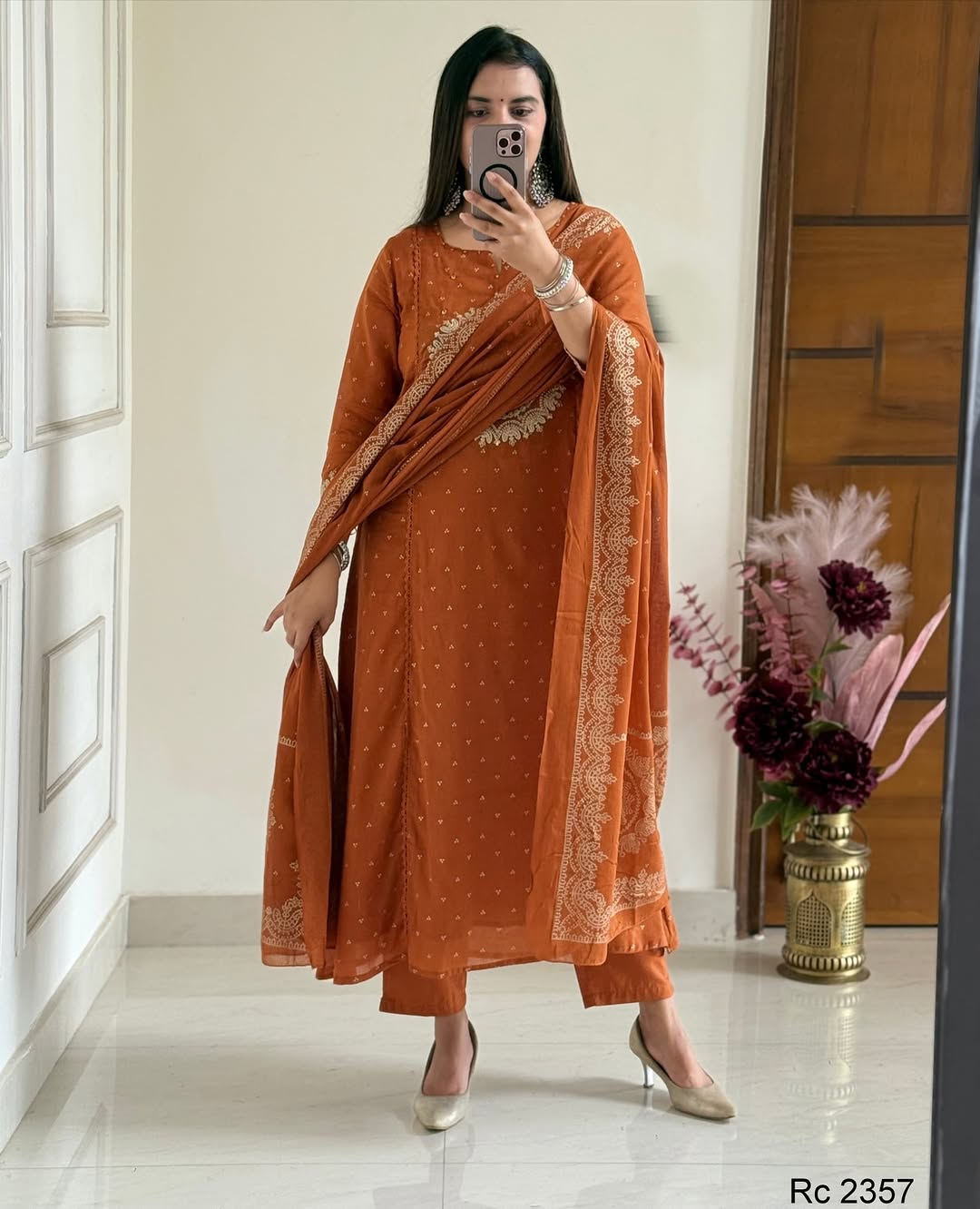 Orange Embroidered Anarkali Kurta Set with Bell Sleeves and Dupatta
