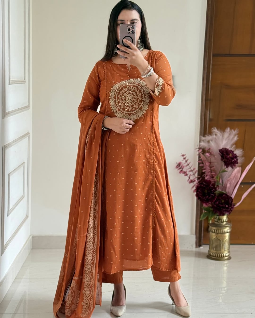 Orange Embroidered Anarkali Kurta Set with Bell Sleeves and Dupatta