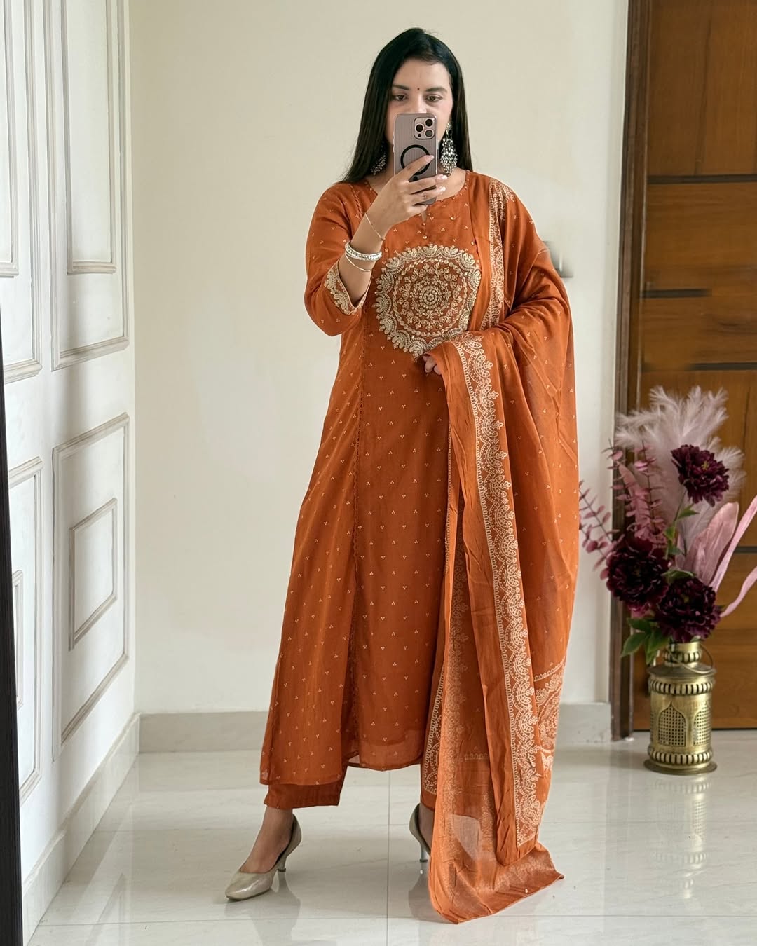 Orange Embroidered Anarkali Kurta Set with Bell Sleeves and Dupatta