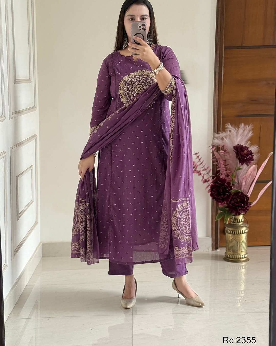 Purple Embroidered Anarkali Kurta Set with Bell Sleeves and Dupatta