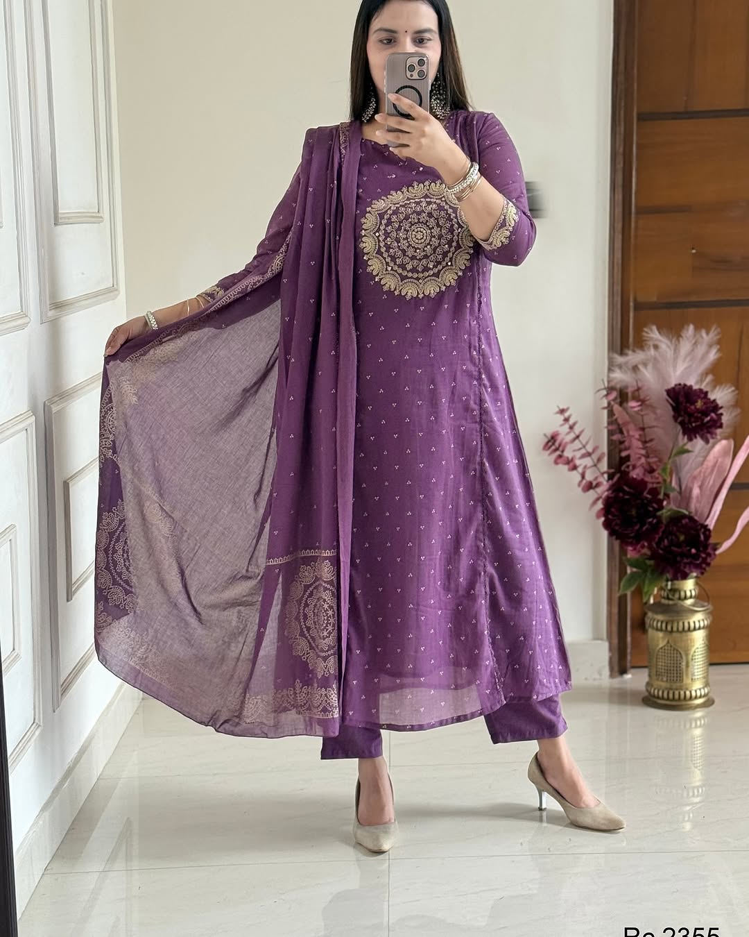 Purple Embroidered Anarkali Kurta Set with Bell Sleeves and Dupatta