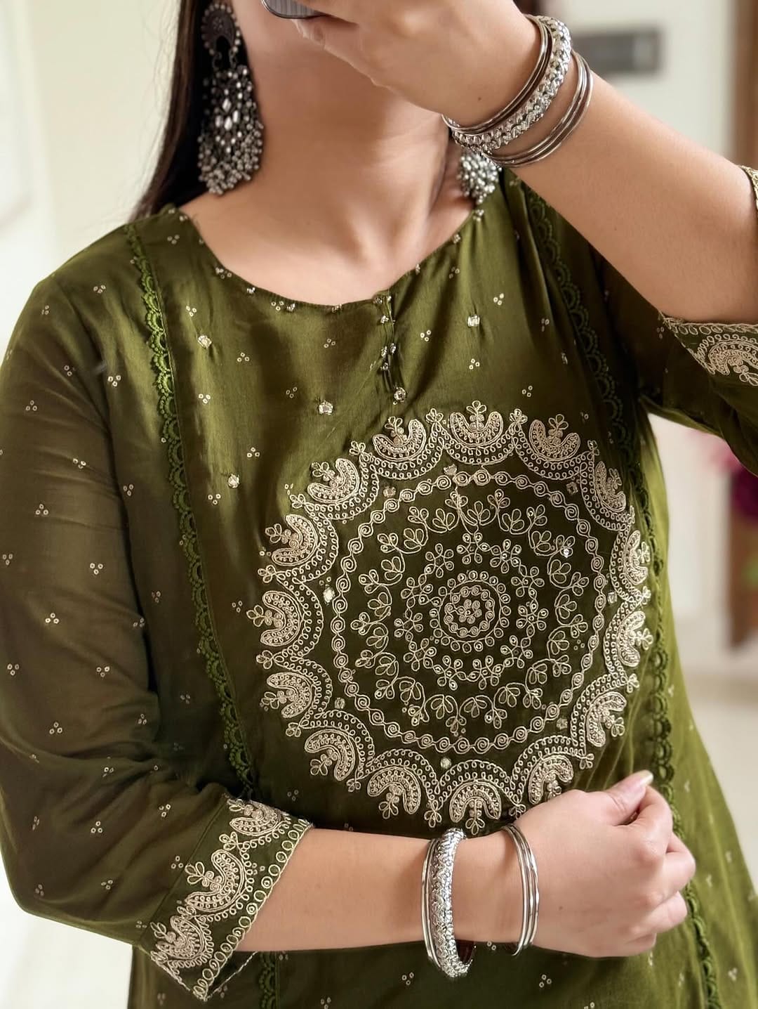 Green Embroidered Anarkali Kurta Set with Bell Sleeves and Dupatta