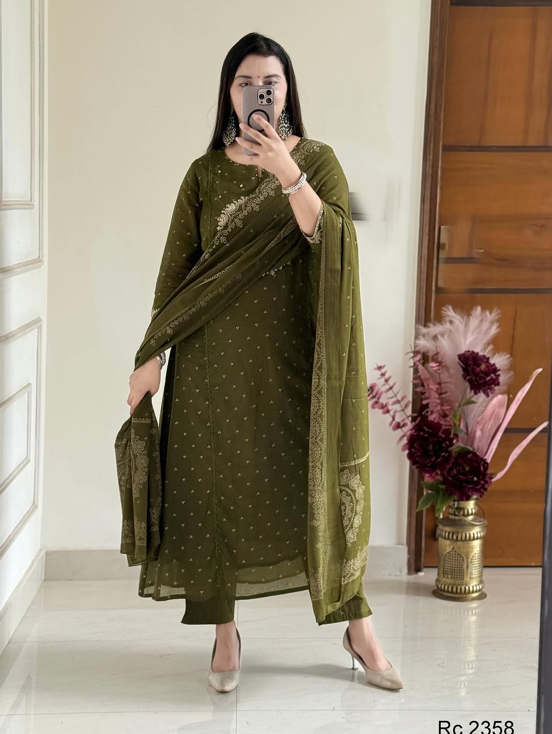 Green Embroidered Anarkali Kurta Set with Bell Sleeves and Dupatta