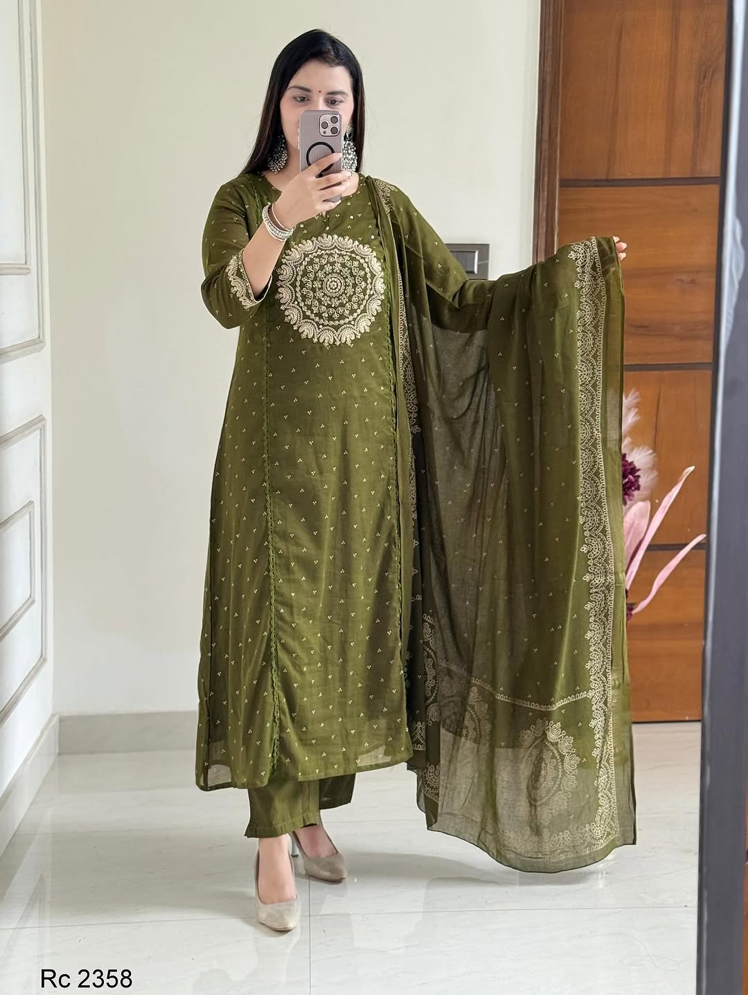 Green Embroidered Anarkali Kurta Set with Bell Sleeves and Dupatta
