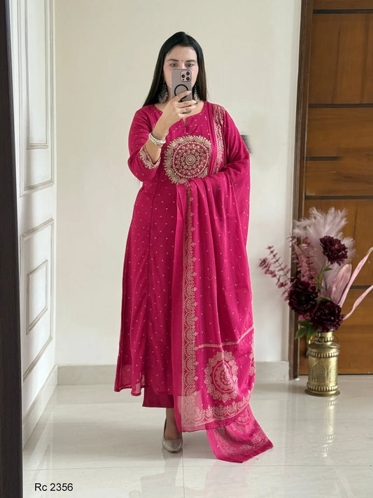 Pink Embroidered Anarkali Kurta Set with Bell Sleeves and Dupatta