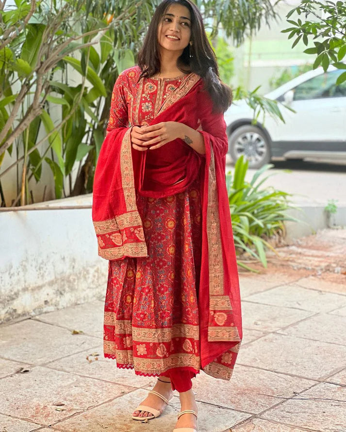 Red Embellished Cotton Kurta and Pant Set with Dupatta
