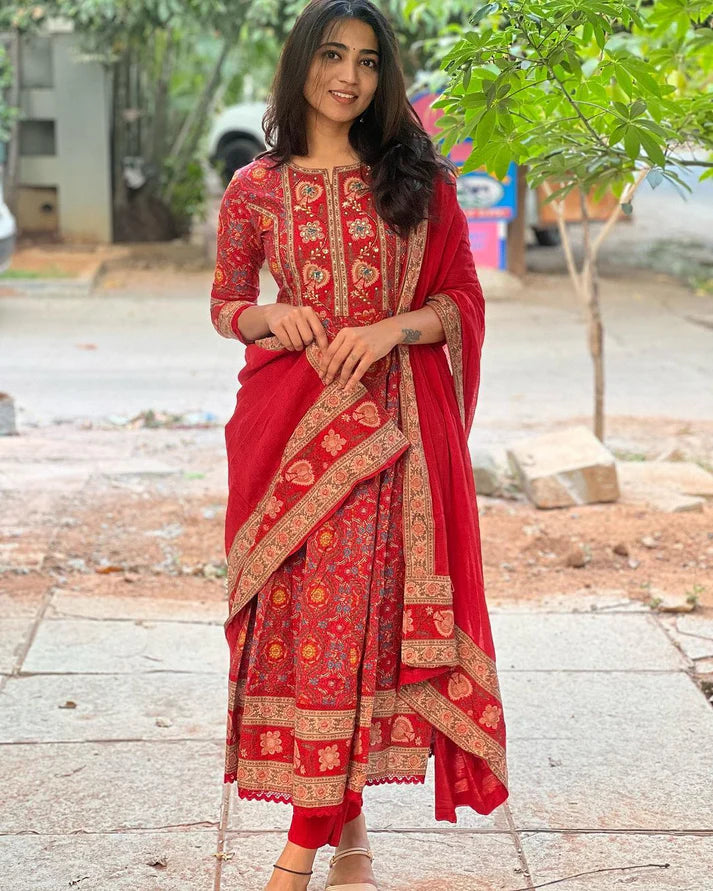 Red Embellished Cotton Kurta and Pant Set with Dupatta