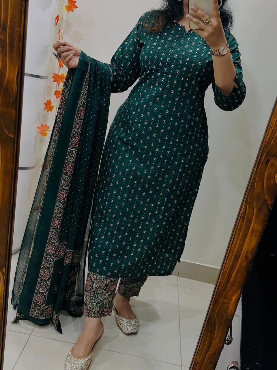 Women's Green Pure Cotton Kurti Pant & Dupatta