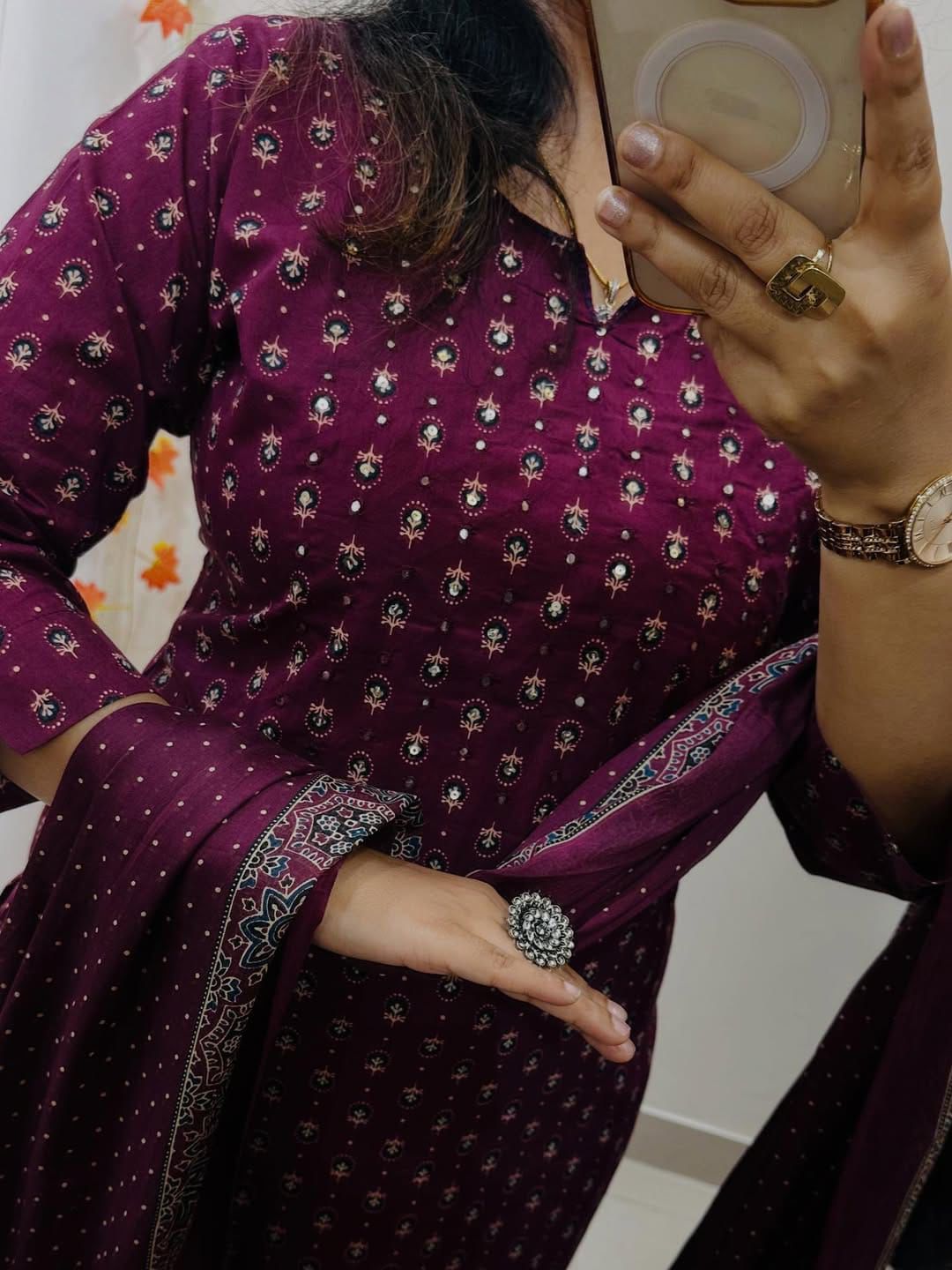 Women's Maroon Pure Cotton Kurti Pant & Dupatta Set