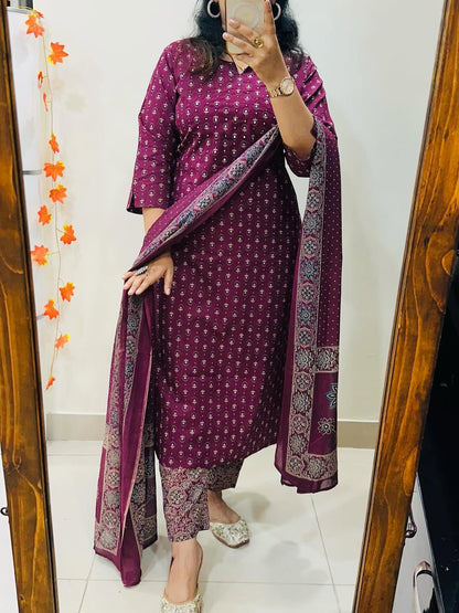 Women's Maroon Pure Cotton Kurti Pant & Dupatta Set
