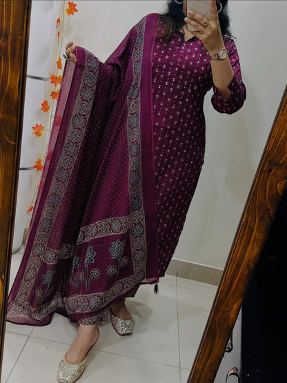 Women's Maroon Pure Cotton Kurti Pant & Dupatta Set
