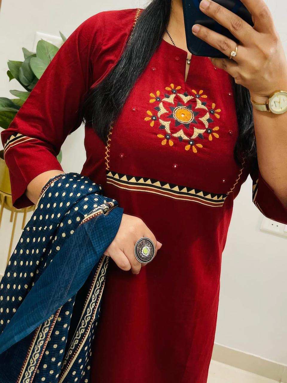 Women’s Ajrakh Print Dabu Cotton Kurti Pant Dupatta Set