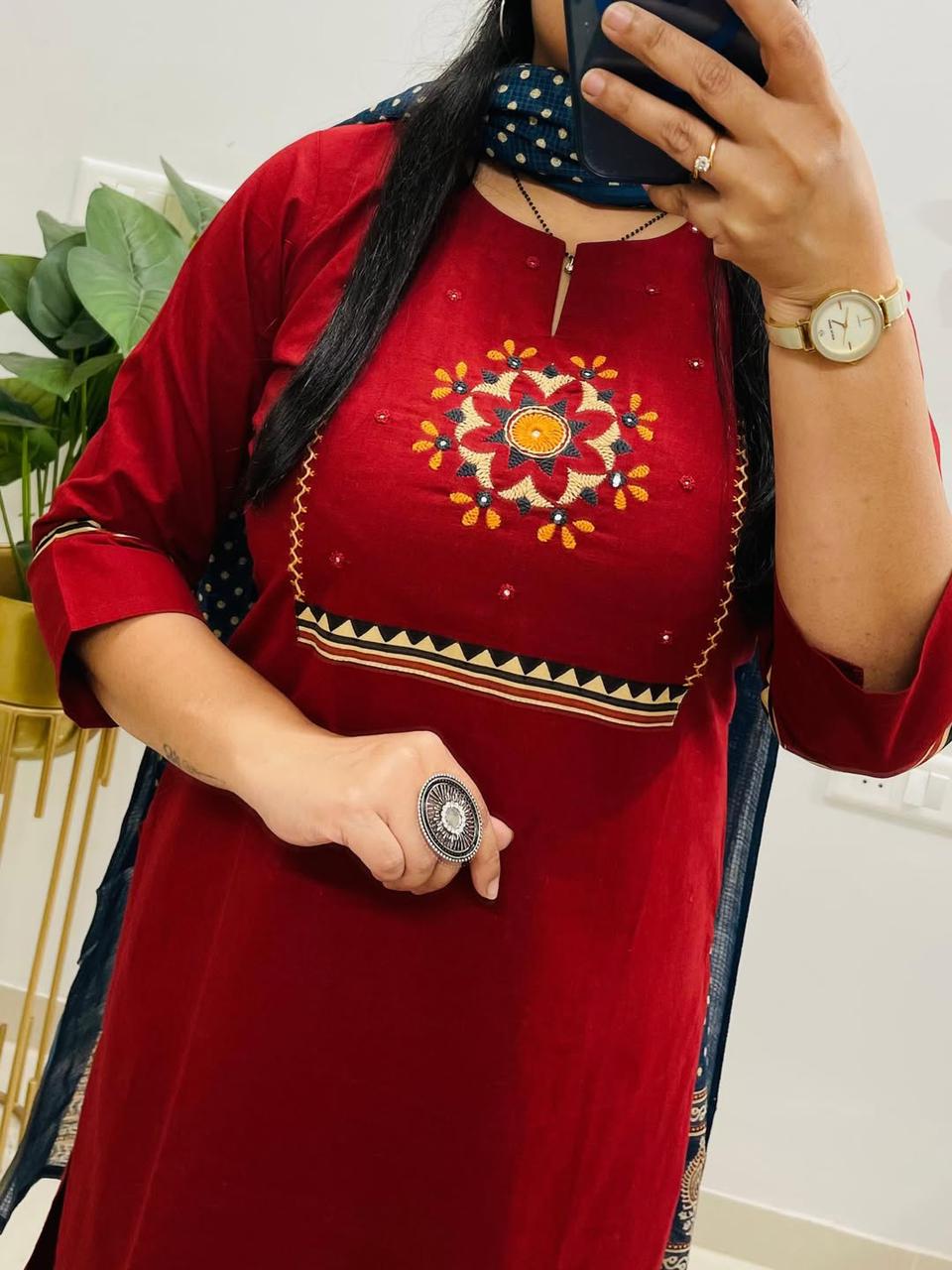 Women’s Ajrakh Print Dabu Cotton Kurti Pant Dupatta Set