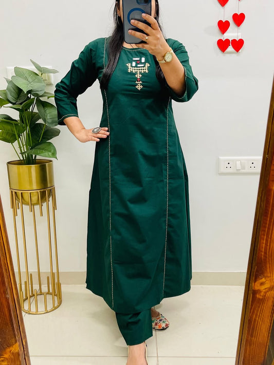 Women’s Solid Green Cotton Kurti Pant Set
