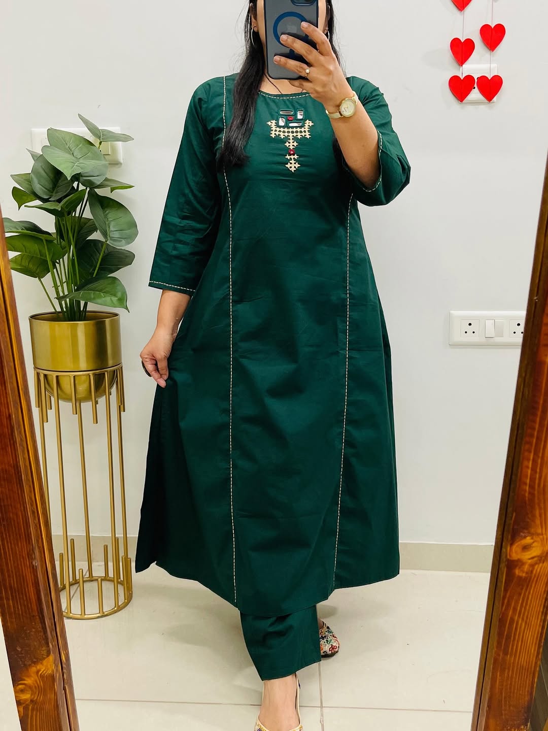 Women’s Solid Green Cotton Kurti Pant Set