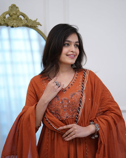 Women’s Embroidered Cotton Anarkali Kurti Pant & Dupatta Set – Rust Brown
