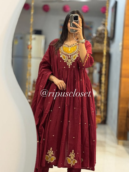 Women’s Red Orange Embroidered Anarkali Kurta Set with Dupatta