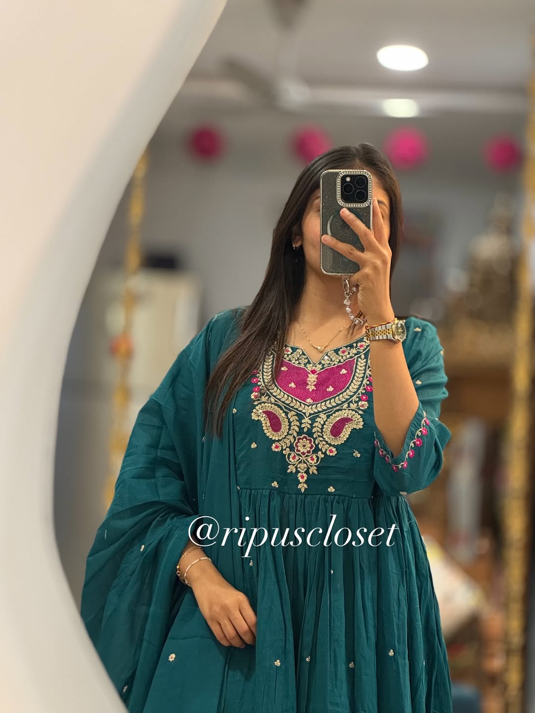 Women’s Teal Green Embroidered Anarkali Kurta Set with Dupatta