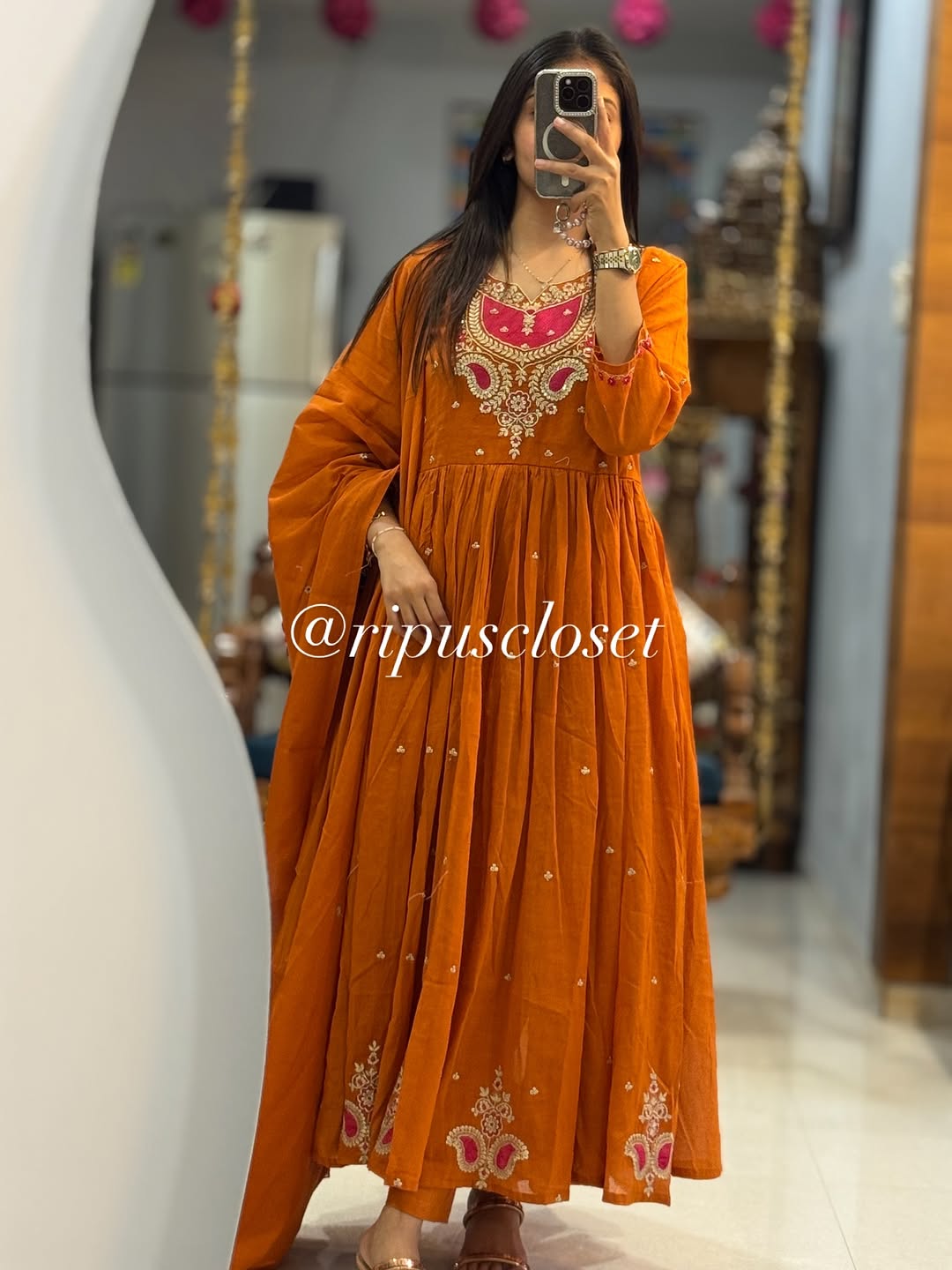 Women’s Rust Orange Embroidered Anarkali Kurta Set with Dupatta