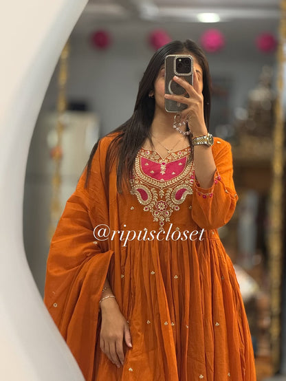 Women’s Rust Orange Embroidered Anarkali Kurta Set with Dupatta