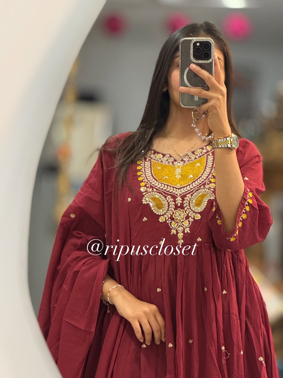 Women’s Red Orange Embroidered Anarkali Kurta Set with Dupatta