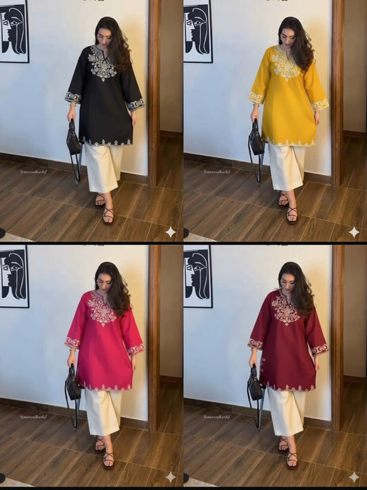 Embroidery Yellow Cotton Kurta Set with Palazzo Pants