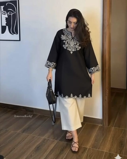 Embroidery Black Cotton Kurta Set with Palazzo Pants