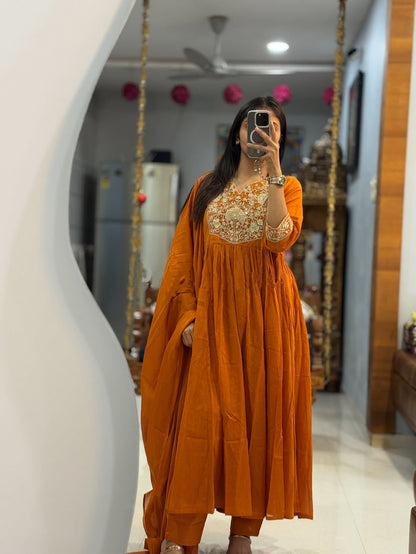 Rust Embroidered Anarkali Kurta Set with Dupatta